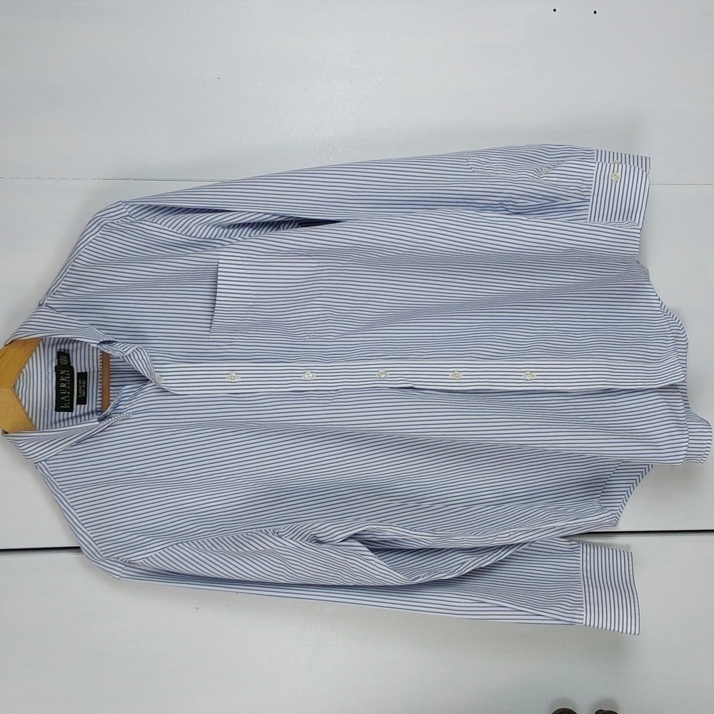 Lauren Ralph Lauren White Blue Pinstripe Button down Pocket Shirt Modern Sz.XL